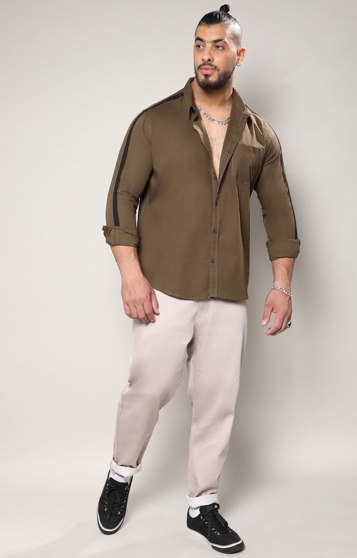 Instafab Plus | Men's Olive Green Side Striped Shirt