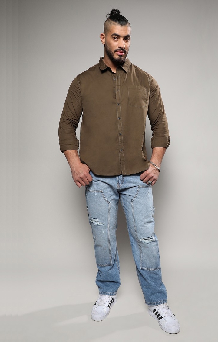 Instafab Plus | Men's Olive Green Basic Button-Up Shirt