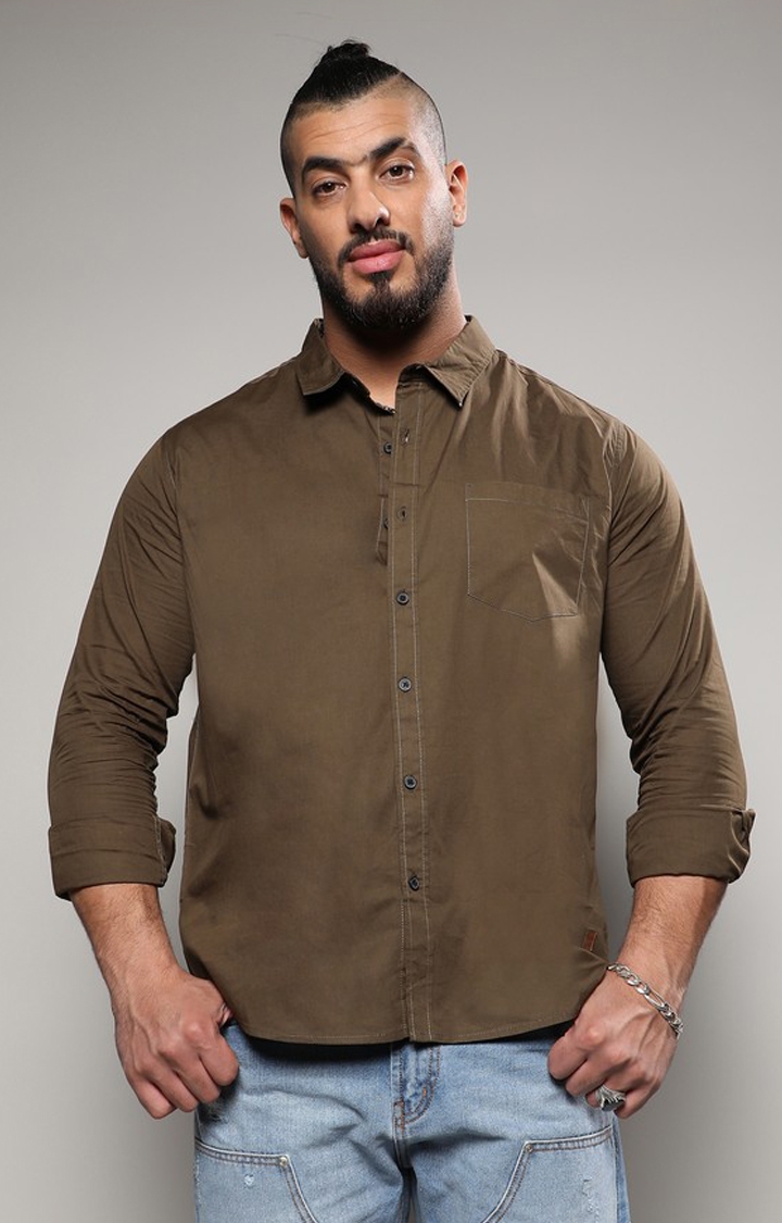 Instafab Plus | Men's Olive Green Basic Button-Up Shirt