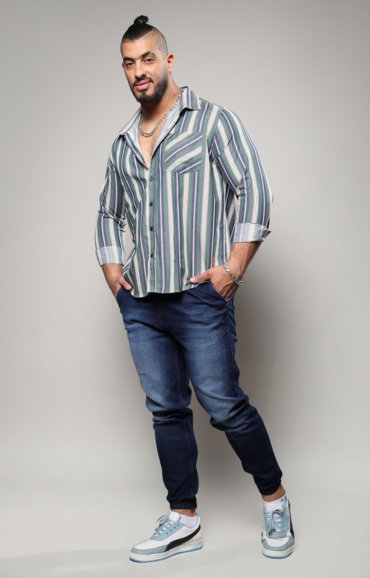Men's Sage Green Unbalanced Striped Shirt