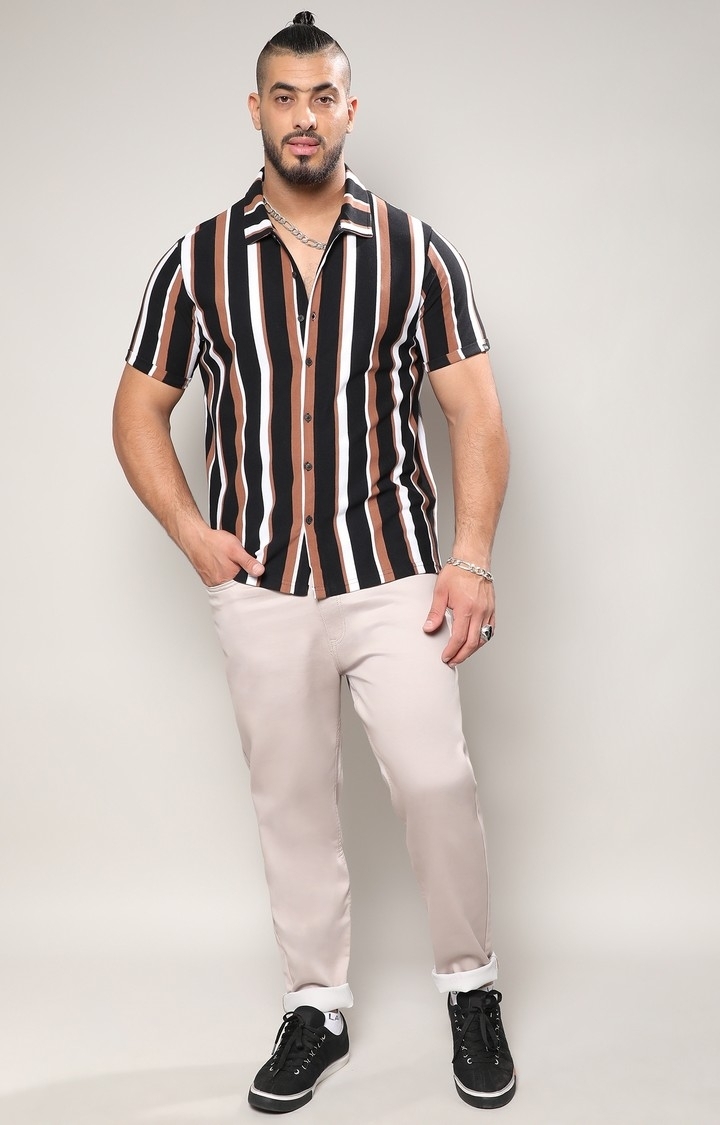 Men's Black & Brown Barcode Striped Shirt
