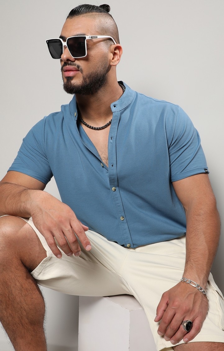 Men's Egyptian Blue Basic Button-Up Shirt