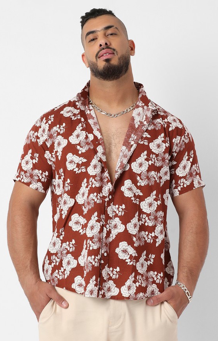 Instafab Plus | Men's Brown Contrast Flora Shirt