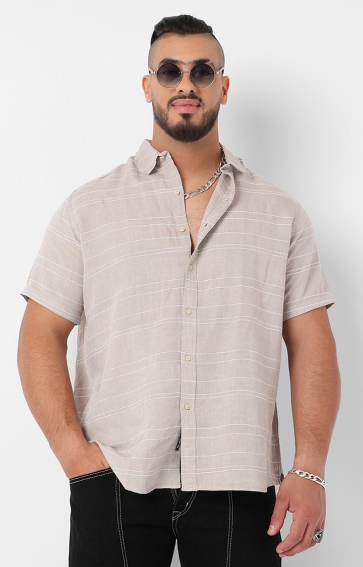 Instafab Plus | Men's Light Grey Unbalanced Horizontal Striped Shirt