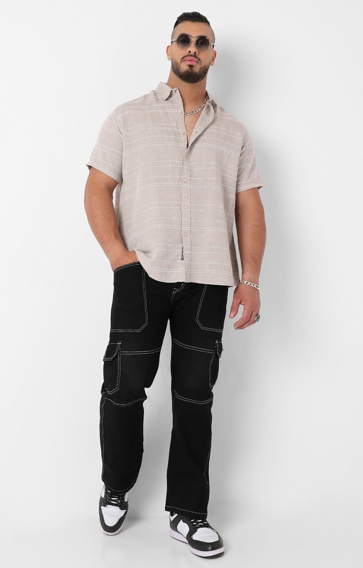 Men's Light Grey Unbalanced Horizontal Striped Shirt