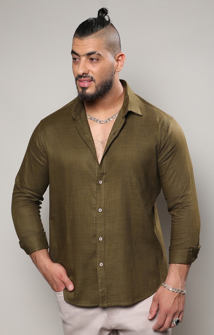 Instafab Plus | Men's Olive Green Classic Button- Up Shirt