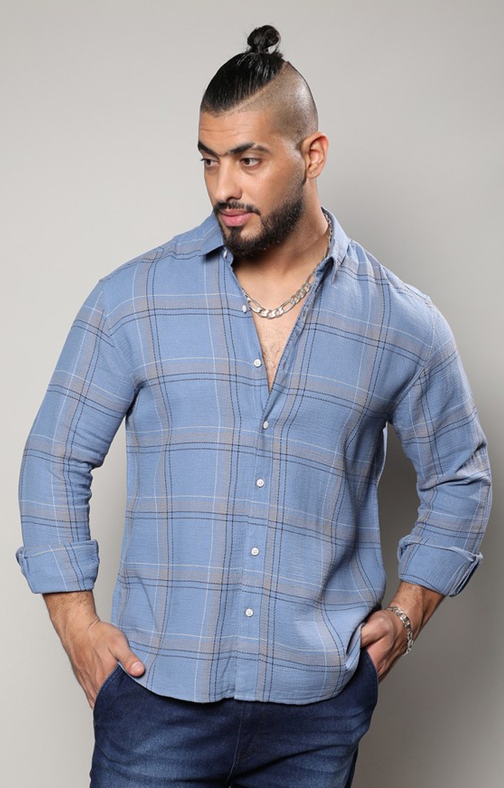 Instafab Plus | Men's Icy Blue Tartan Plaid Shirt