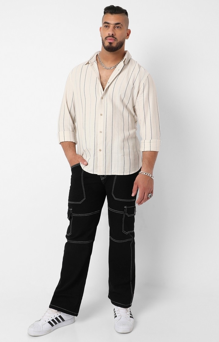 Instafab Plus | Men's Beige Contrast Pinstriped Shirt