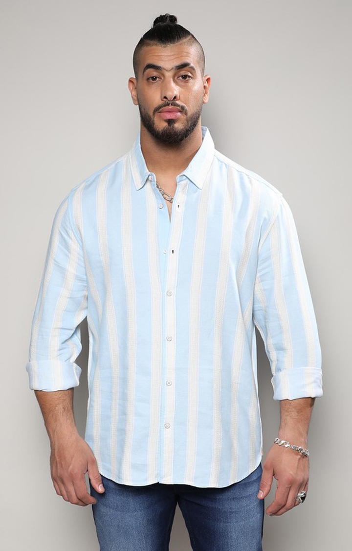 Instafab Plus | Men's Light Blue Shadow Striped Shirt