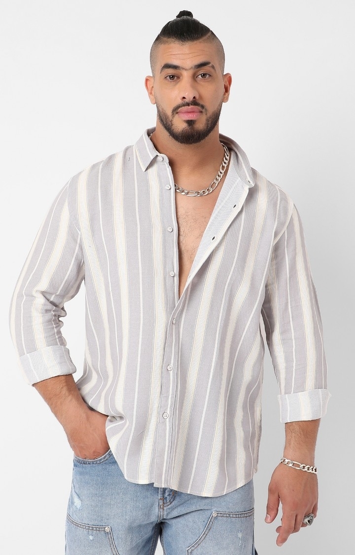 Instafab Plus | Men's Light Grey Shadow Striped Shirt