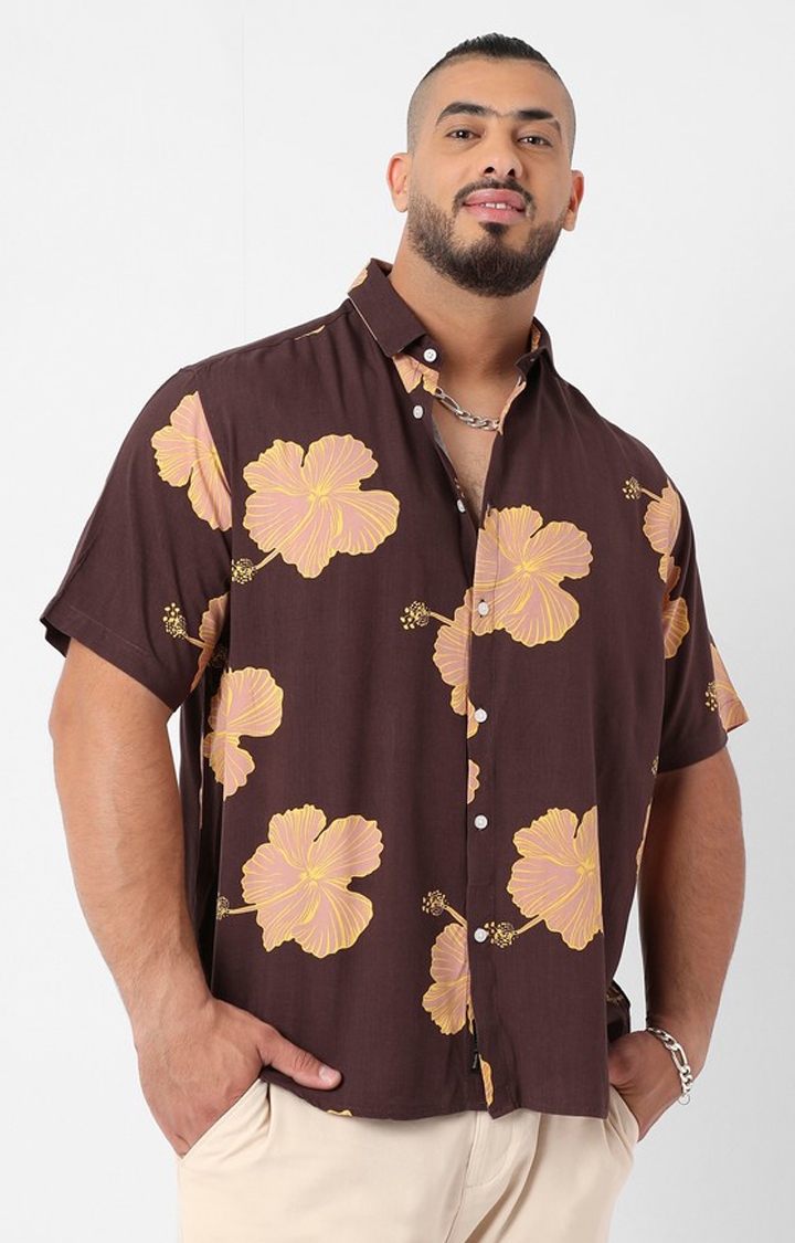 Instafab Plus | Men's Brown Hibiscus Print Shirt