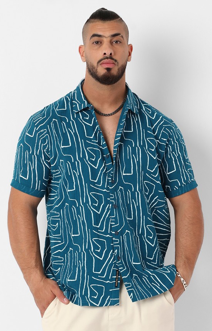 Instafab Plus | Men's Teal Blue Abstract Lines Print Shirt