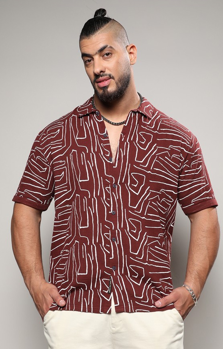 Men's Maroon Red Abstract Lines Print Shirt