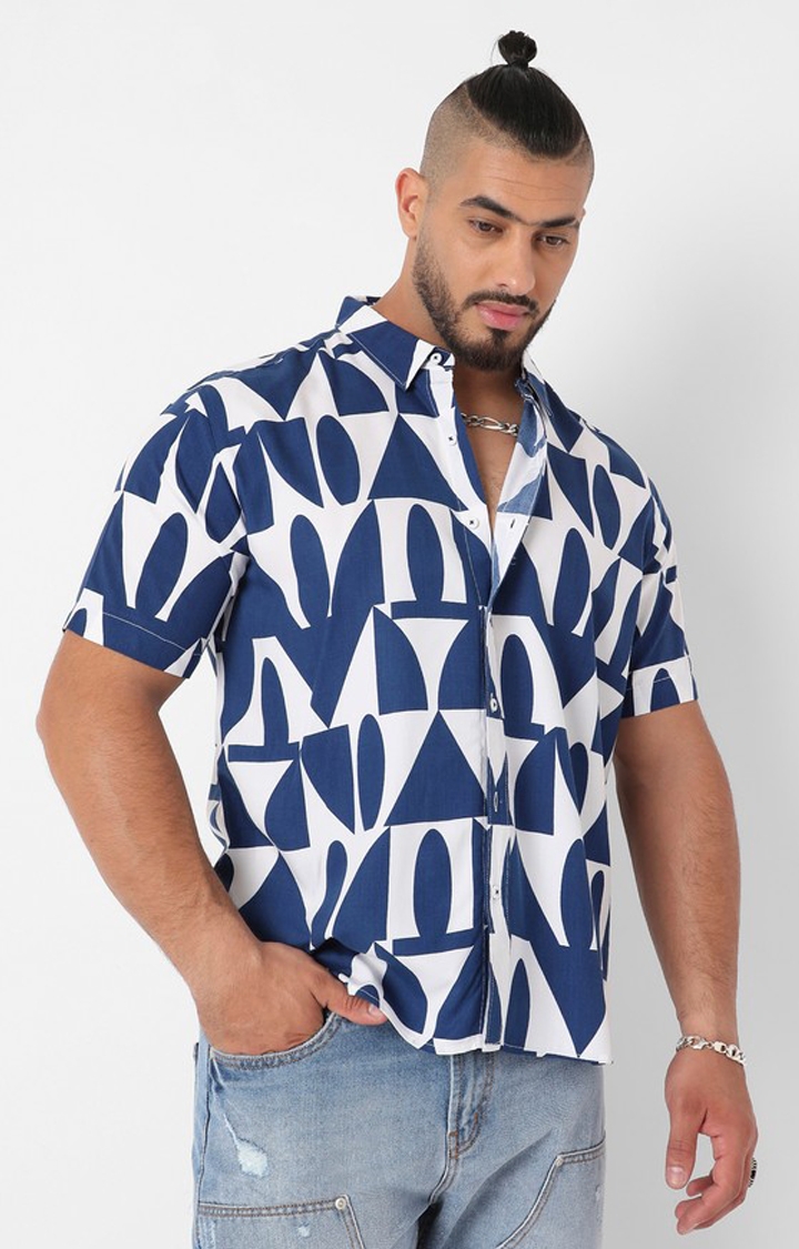 Instafab Plus | Men's White & Indigo Blue Geometric Block Shirt