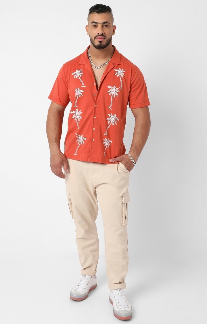 Instafab Plus | Men's Vermillion Orange Palm Tree Knit Shirt