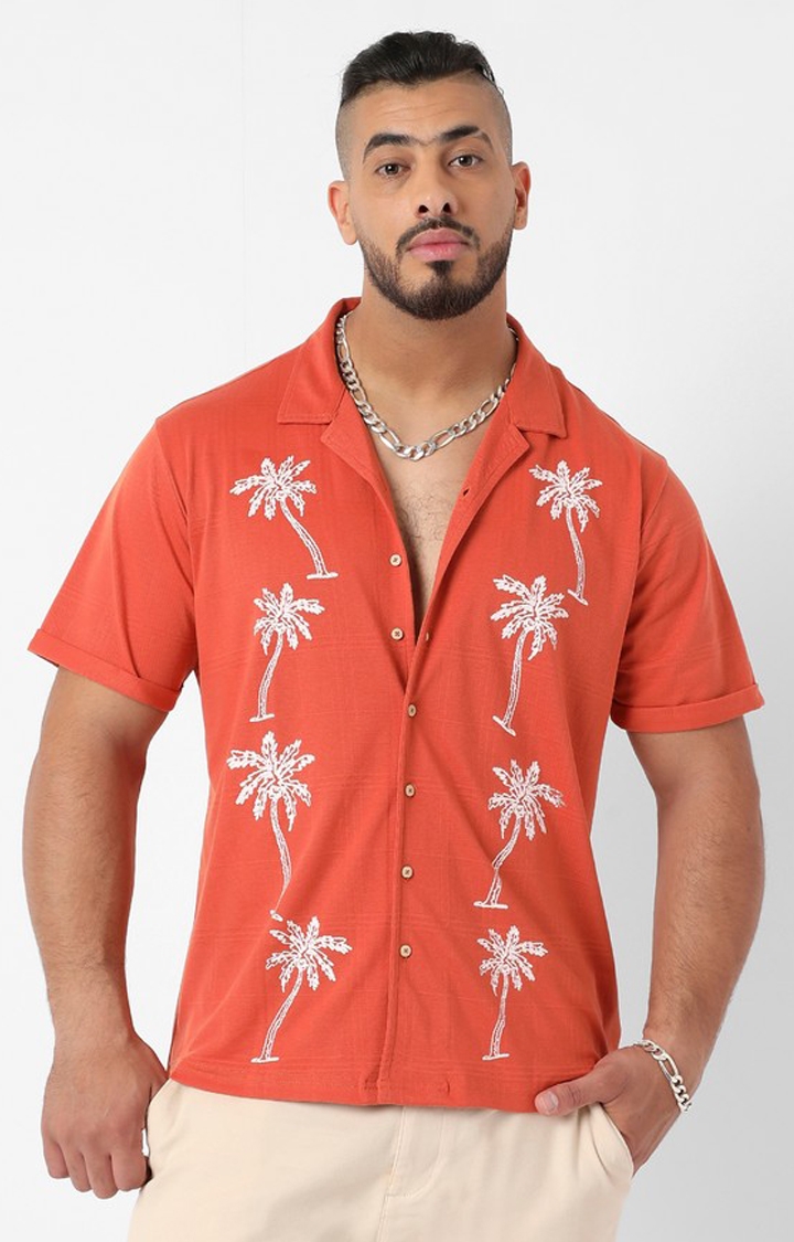 Instafab Plus | Men's Vermillion Orange Palm Tree Knit Shirt
