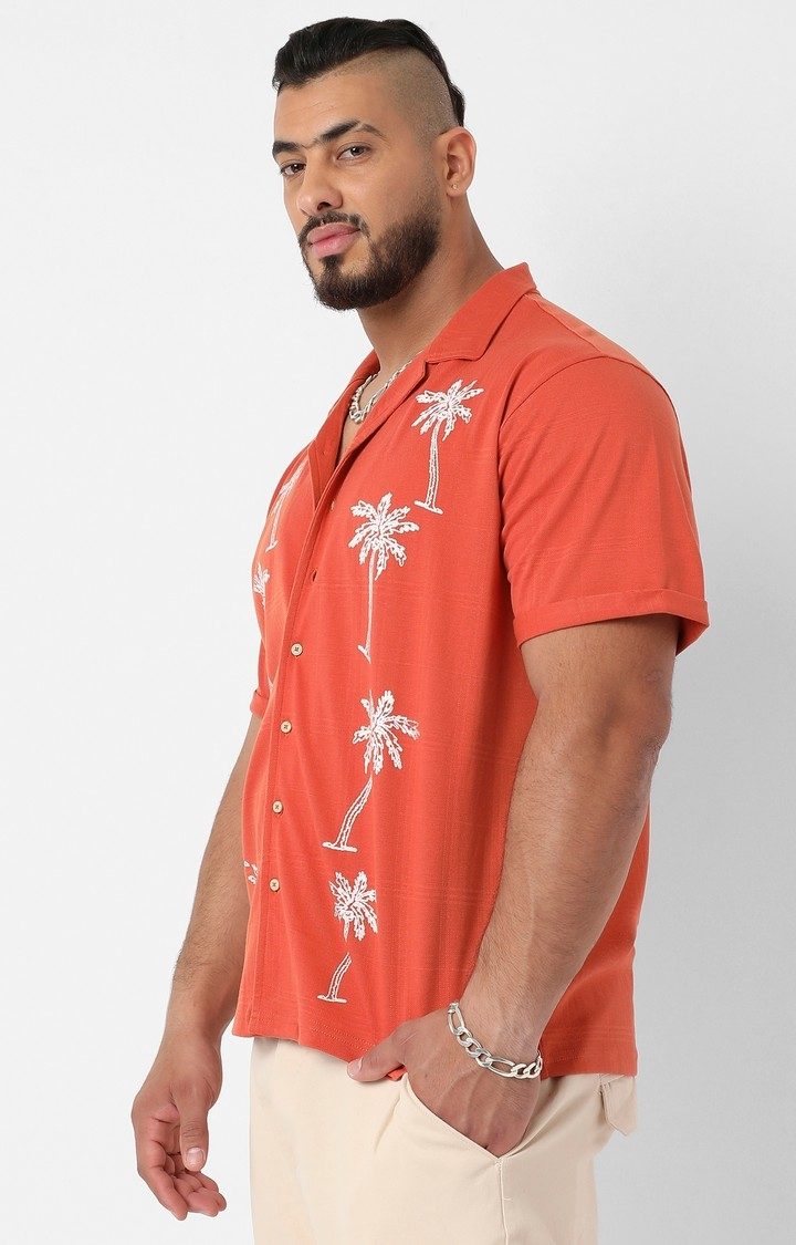 Men's Orange Embroidered Casual Shirts