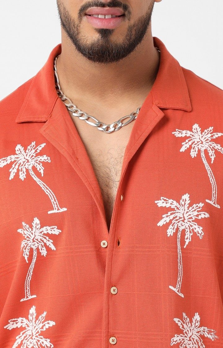 Men's Orange Embroidered Casual Shirts