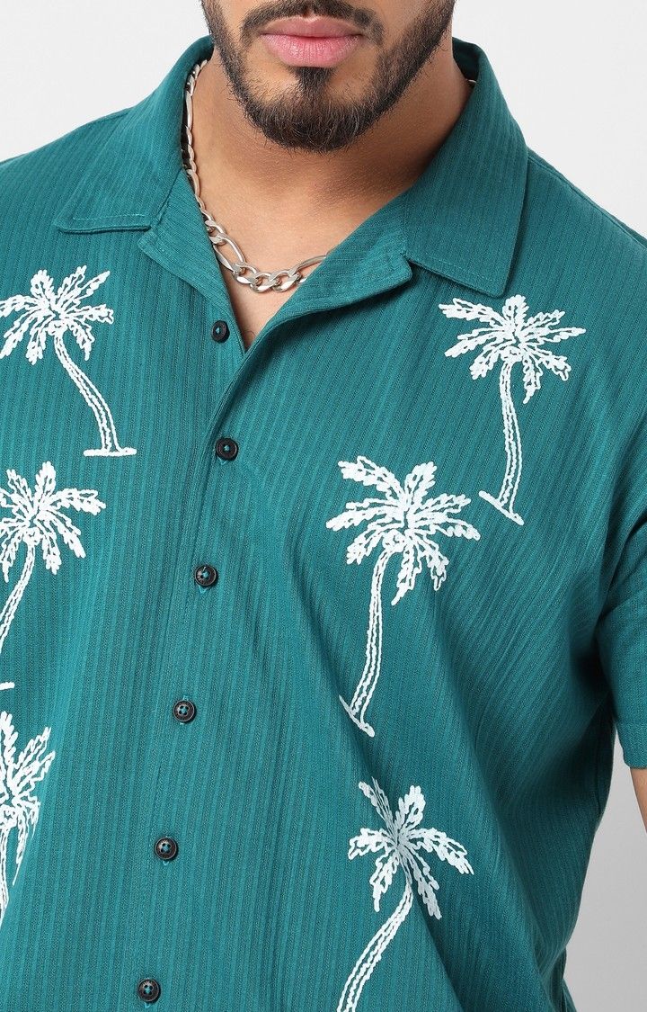 Men's Teal Blue Palm Tree Knit Shirt