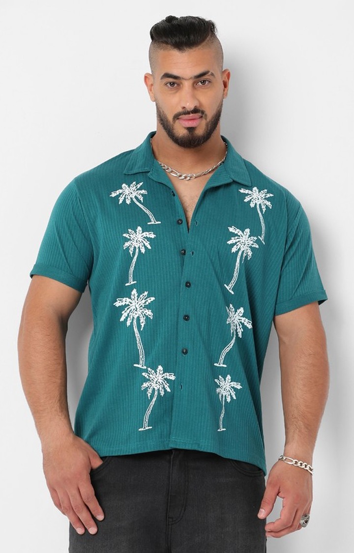 Men's Teal Blue Palm Tree Knit Shirt