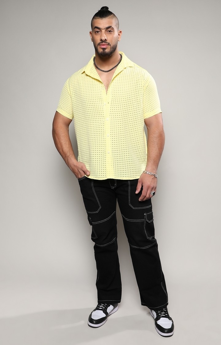 Instafab Plus | Men's Lemon Yellow See-Through Square Shirt