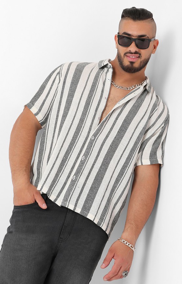 Men's White & Grey Unbalanced Striped Woven Shirt