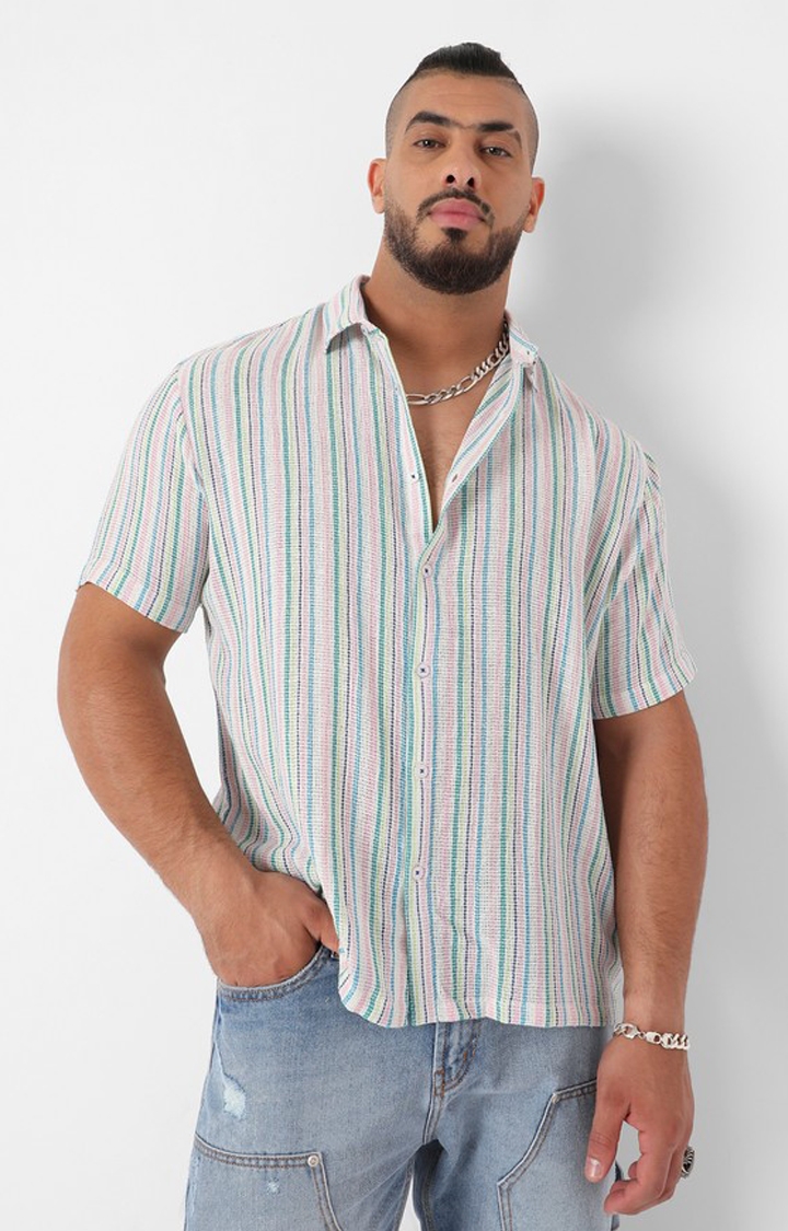 Men's Pink & Green Unbalanced Striped Woven Shirt
