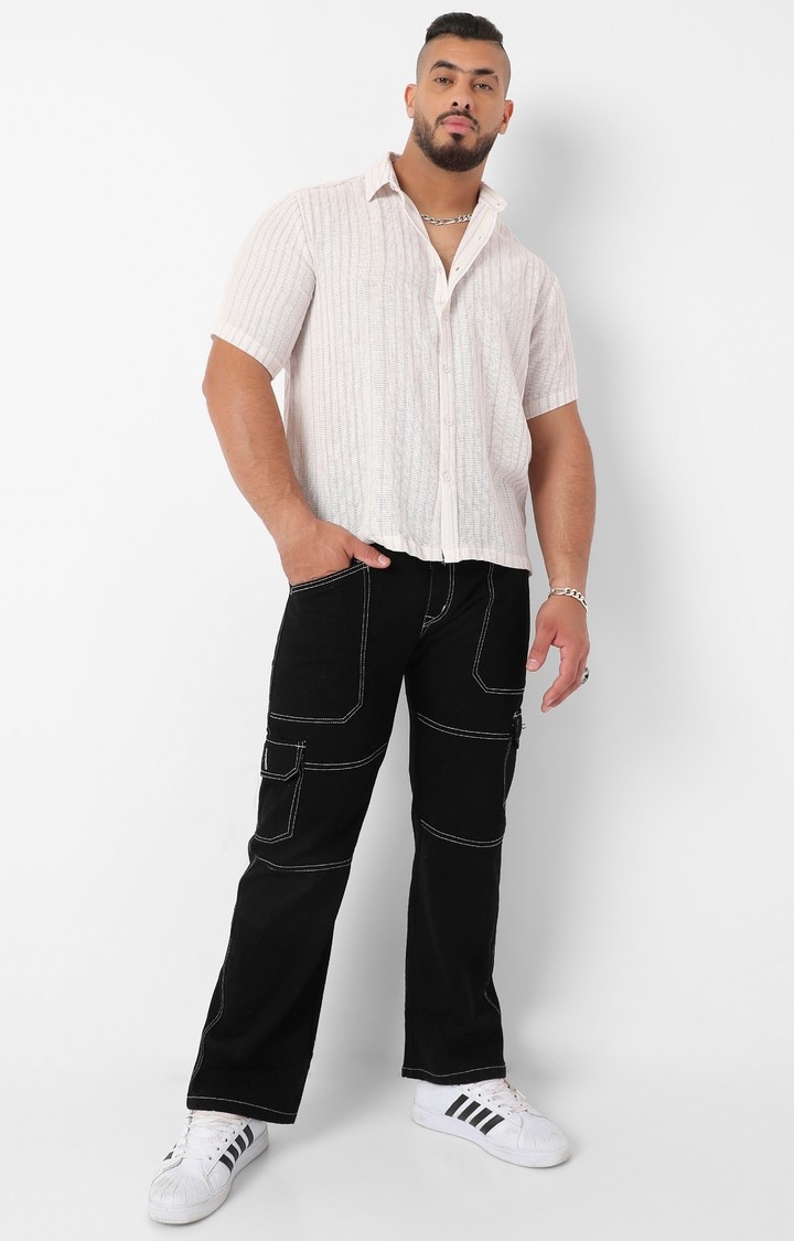 Instafab Plus | Men's White & Lavender Unbalanced Striped Woven Shirt