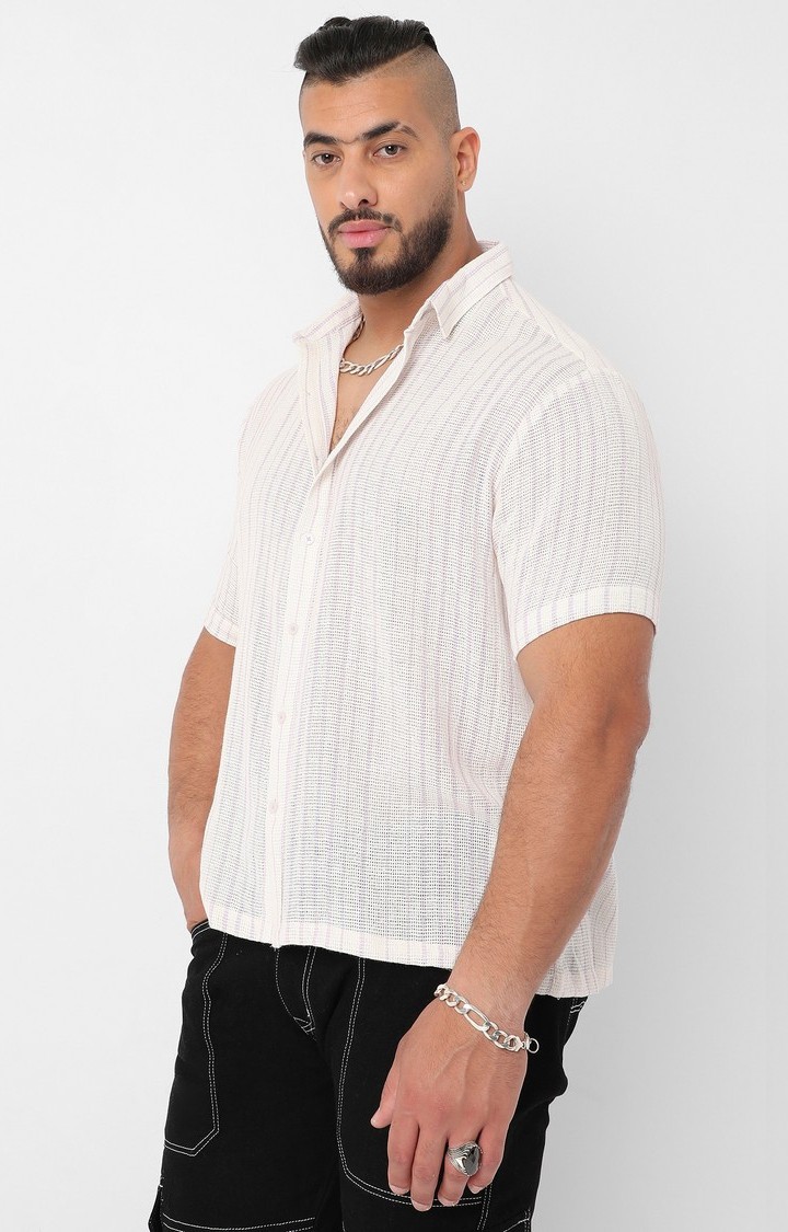 Men's White & Lavender Unbalanced Striped Woven Shirt