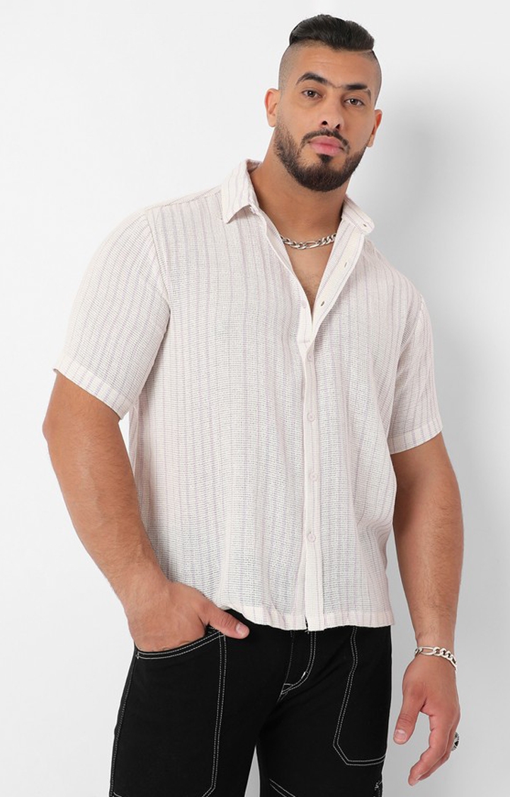 Instafab Plus | Men's White & Lavender Unbalanced Striped Woven Shirt
