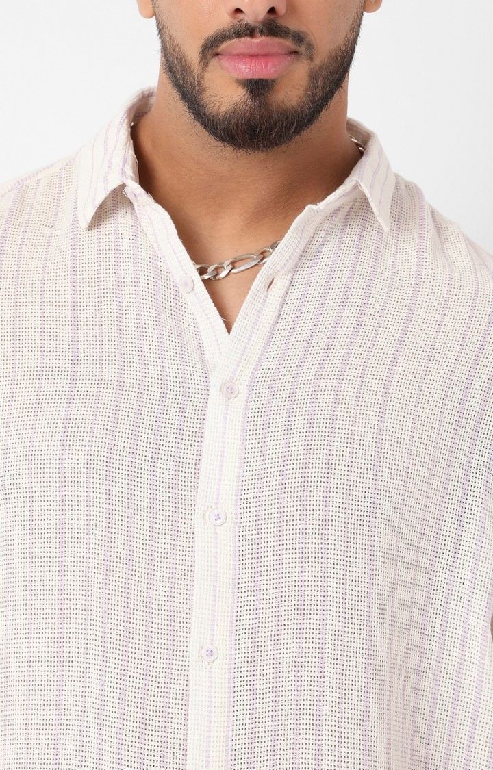 Men's White & Lavender Unbalanced Striped Woven Shirt