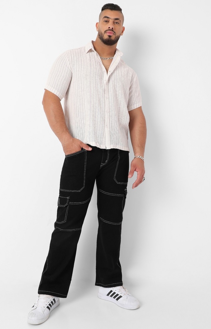 Men's White & Lavender Unbalanced Striped Woven Shirt