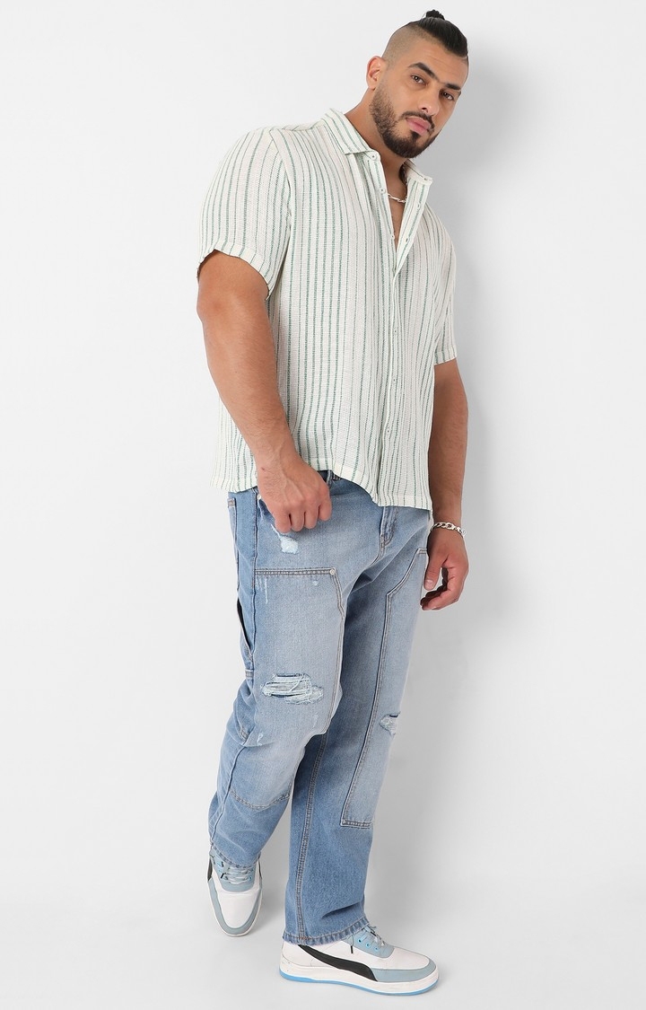 Instafab Plus | Men's White & Green Unbalanced Striped Woven Shirt