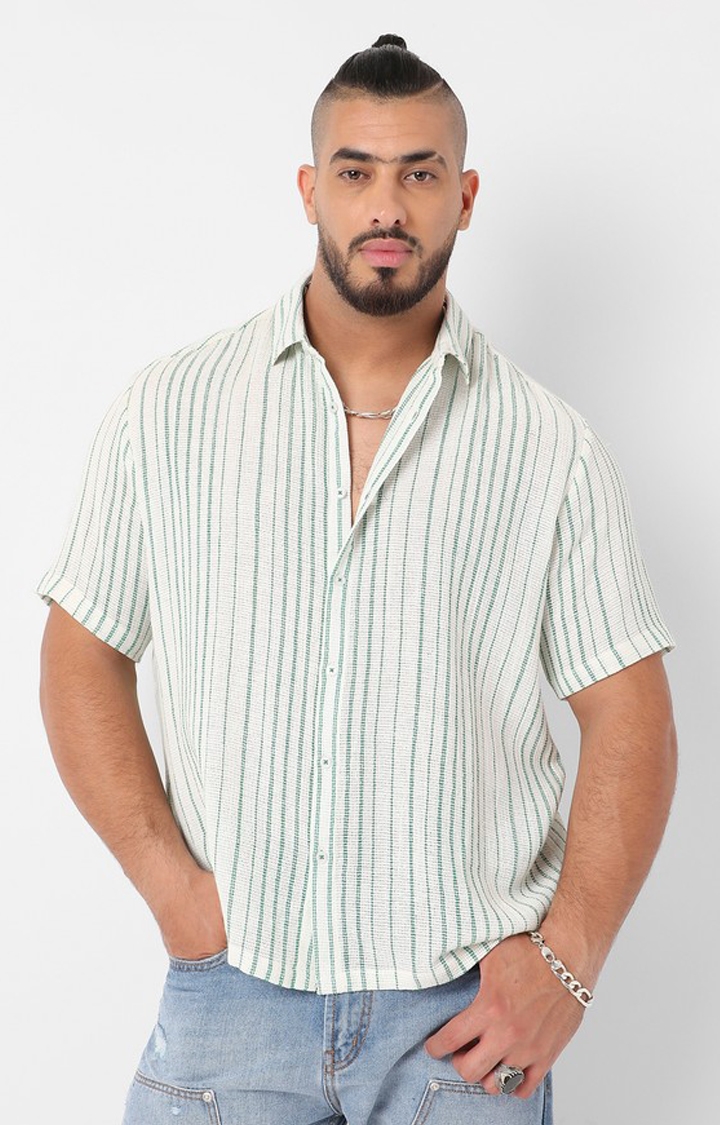 Men's White & Green Unbalanced Striped Woven Shirt