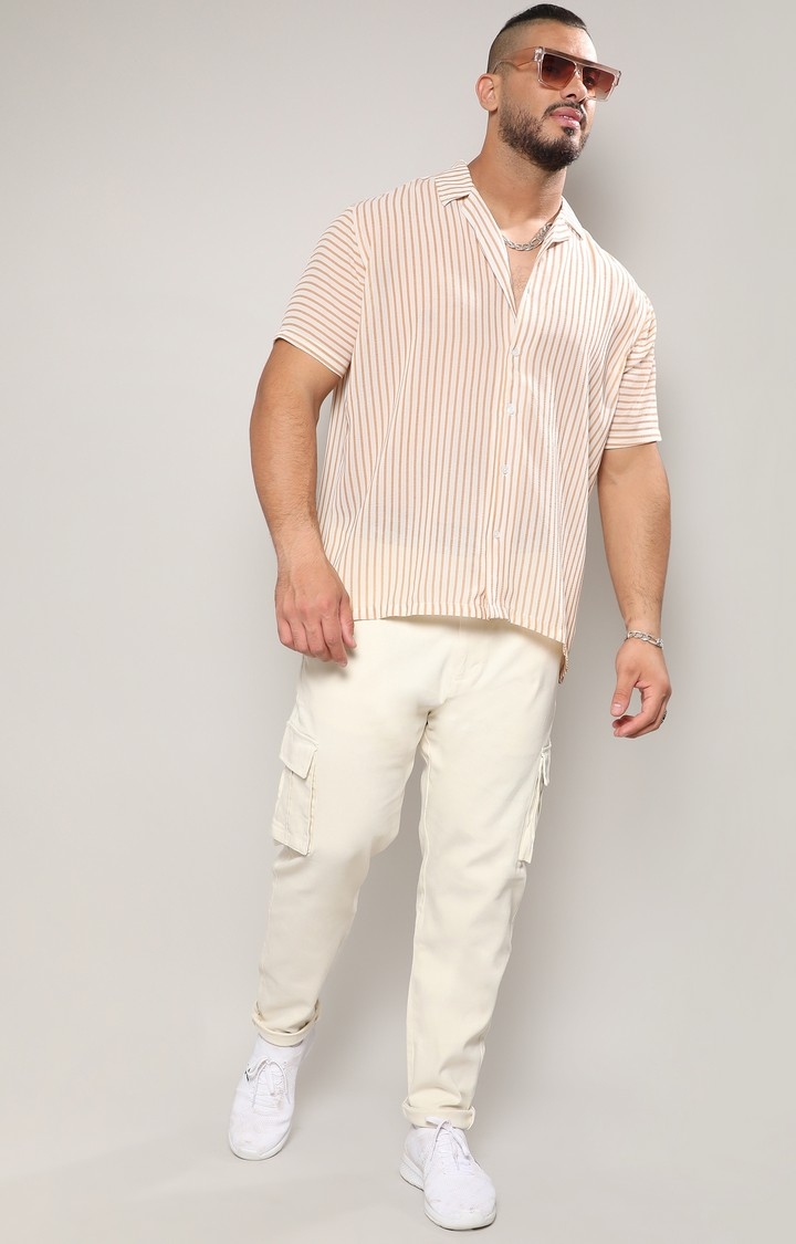 Men's White & Brown Unbalanced Striped Shirt