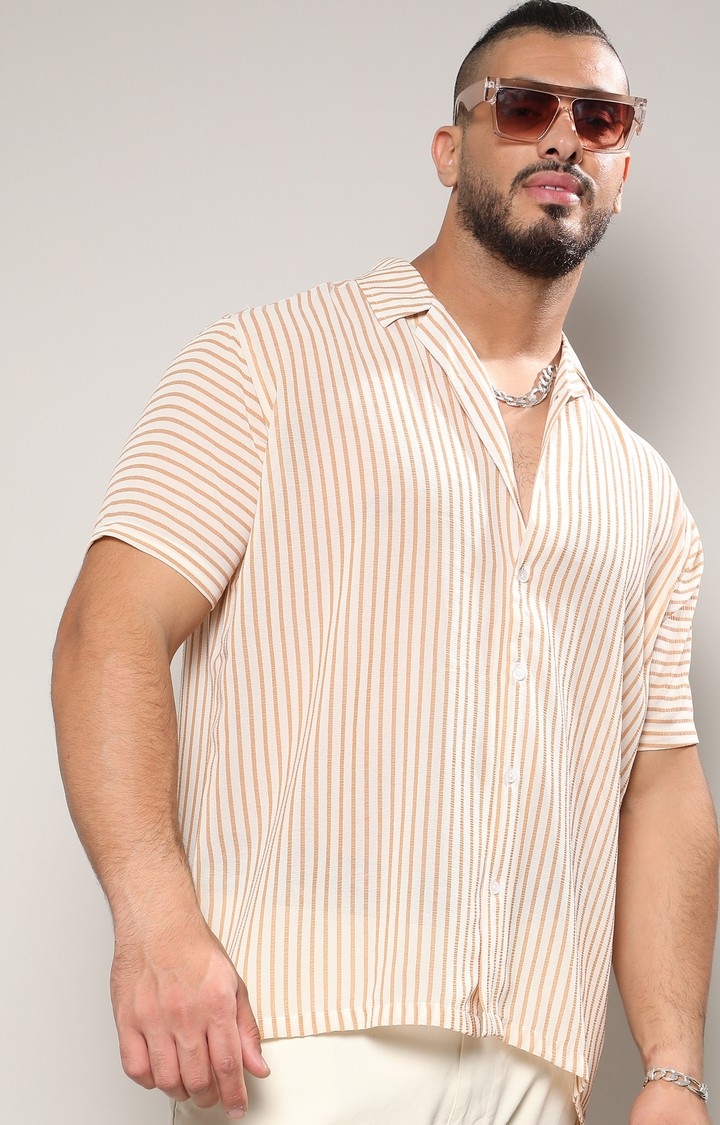 Men's White & Brown Unbalanced Striped Shirt