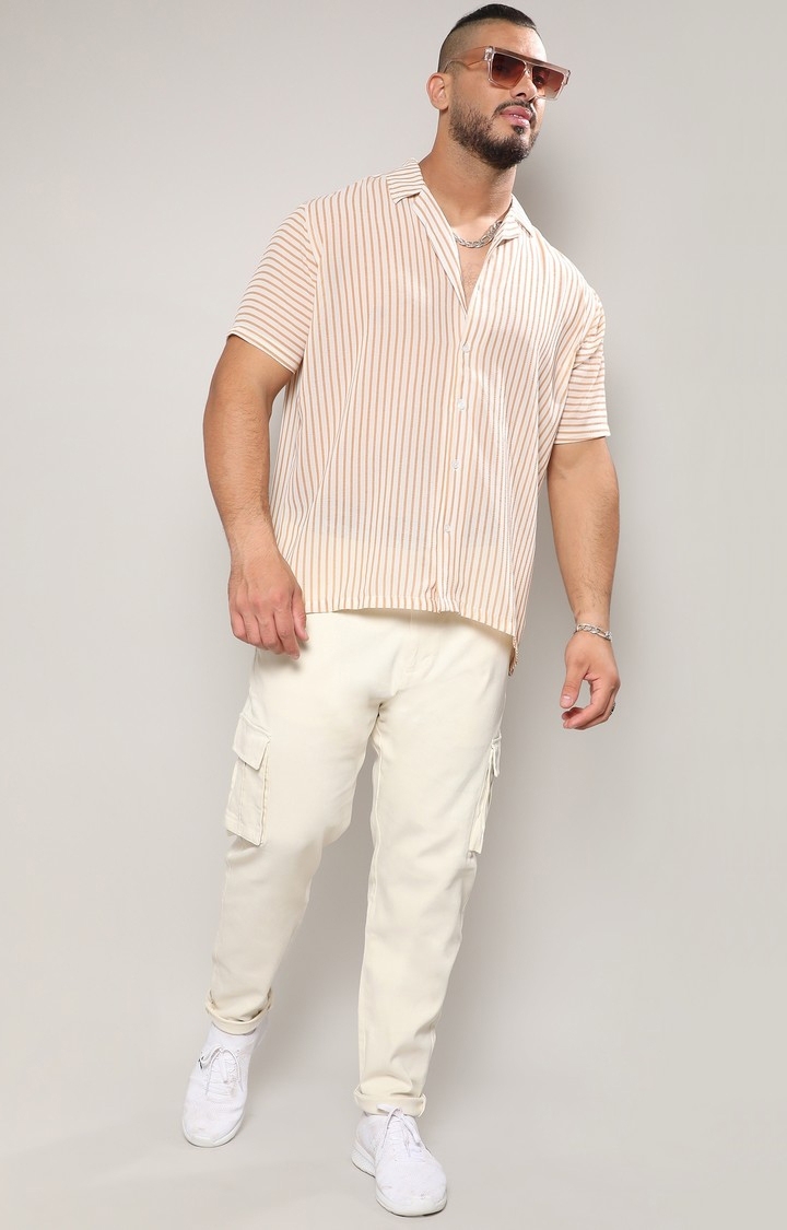 Instafab Plus | Men's White & Brown Unbalanced Striped Shirt