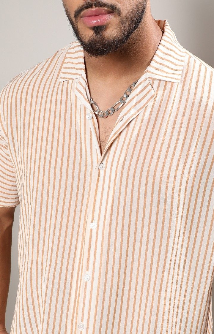 Men's White & Brown Unbalanced Striped Shirt