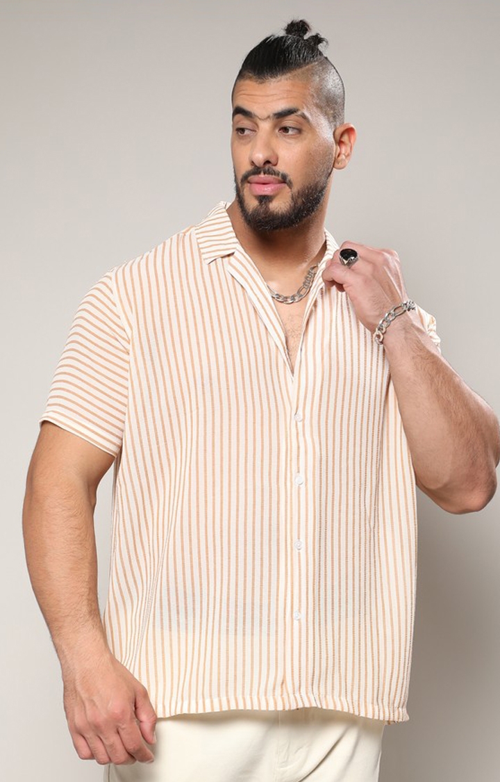 Men's White & Brown Unbalanced Striped Shirt