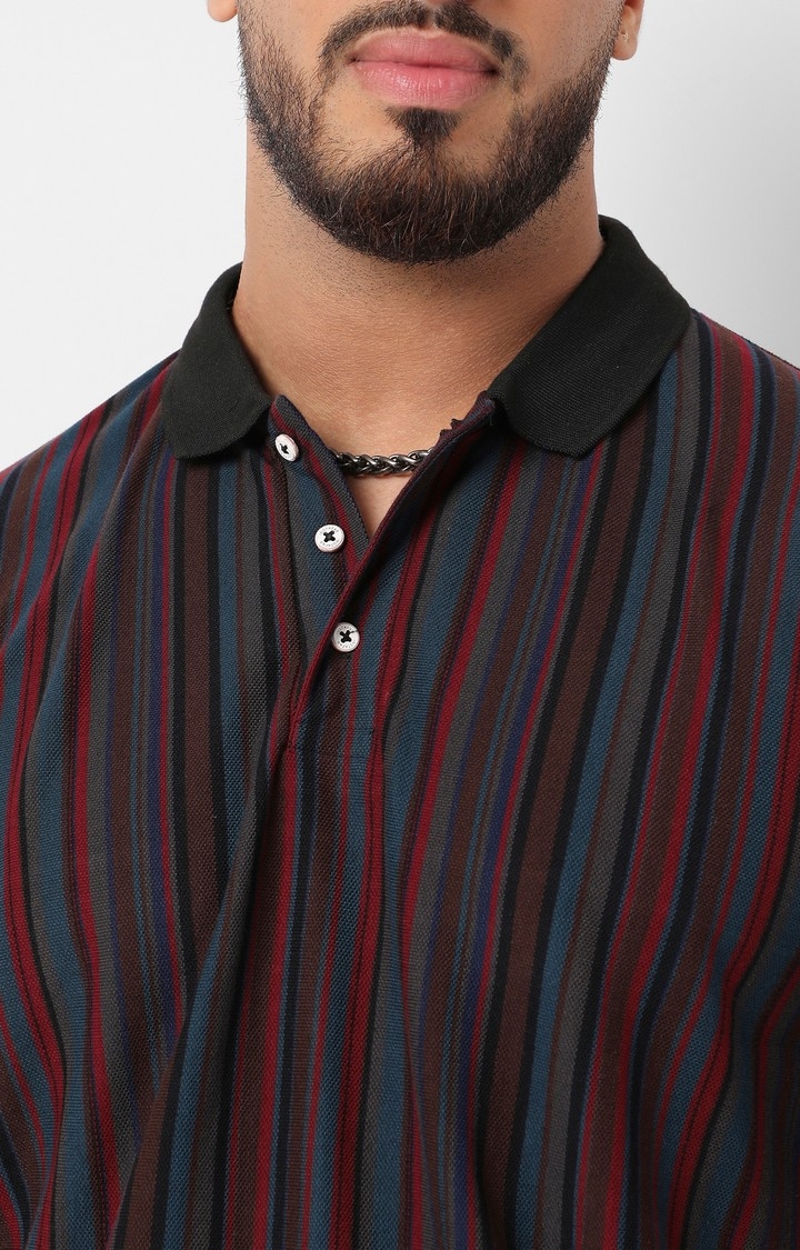 Men's Blue & Maroon Candy Striped Polo T-Shirt