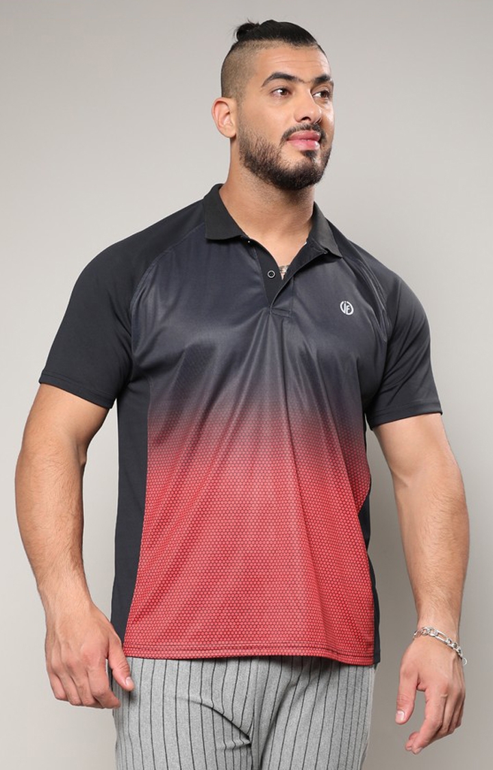 Instafab Plus | Men's Jet Black & Crimson Red Ombre Polo Activewear T-Shirt