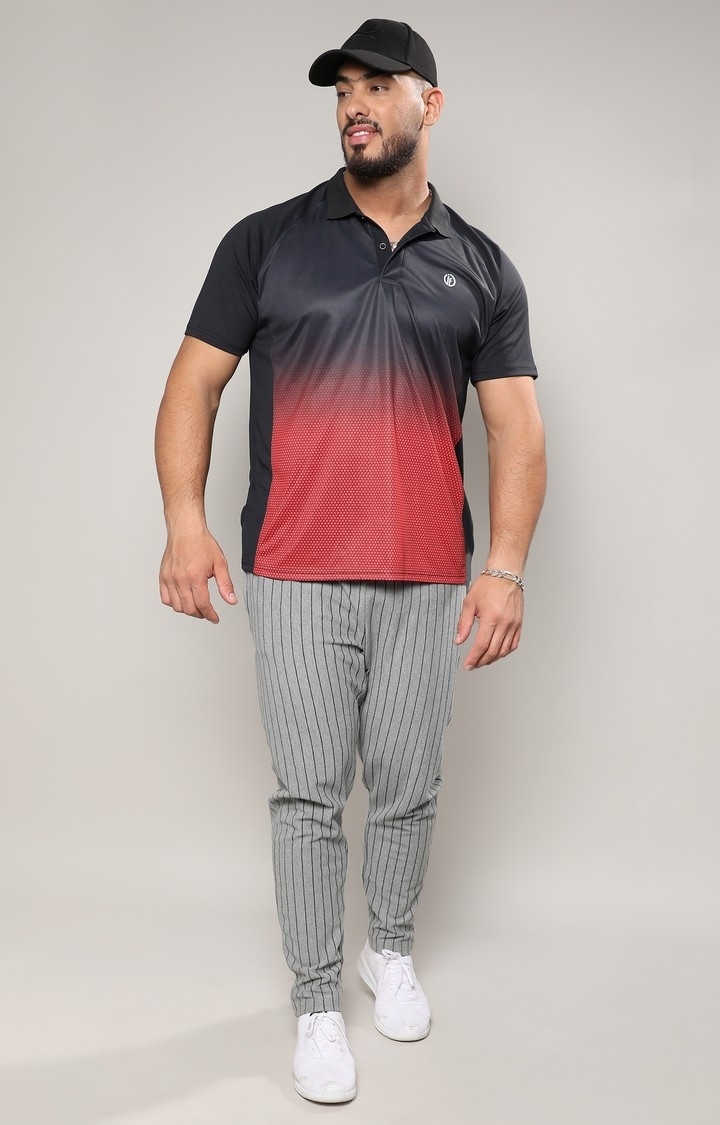 Instafab Plus | Men's Jet Black & Crimson Red Ombre Polo Activewear T-Shirt