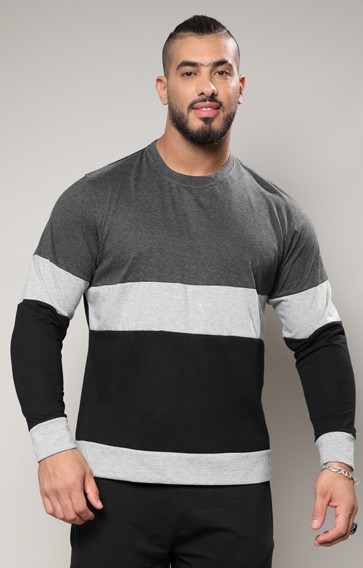Instafab Plus | Men's Black & Grey Heathered Horizontal Striped T-Shirt