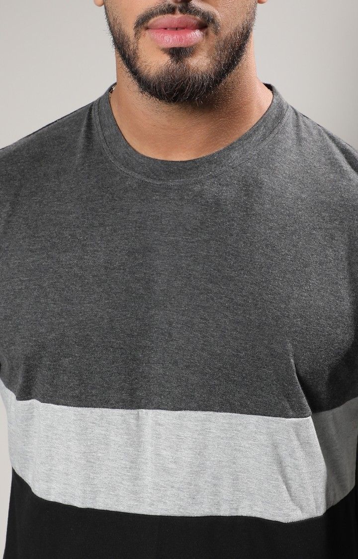 Men's Grey Striped Regular T-Shirts