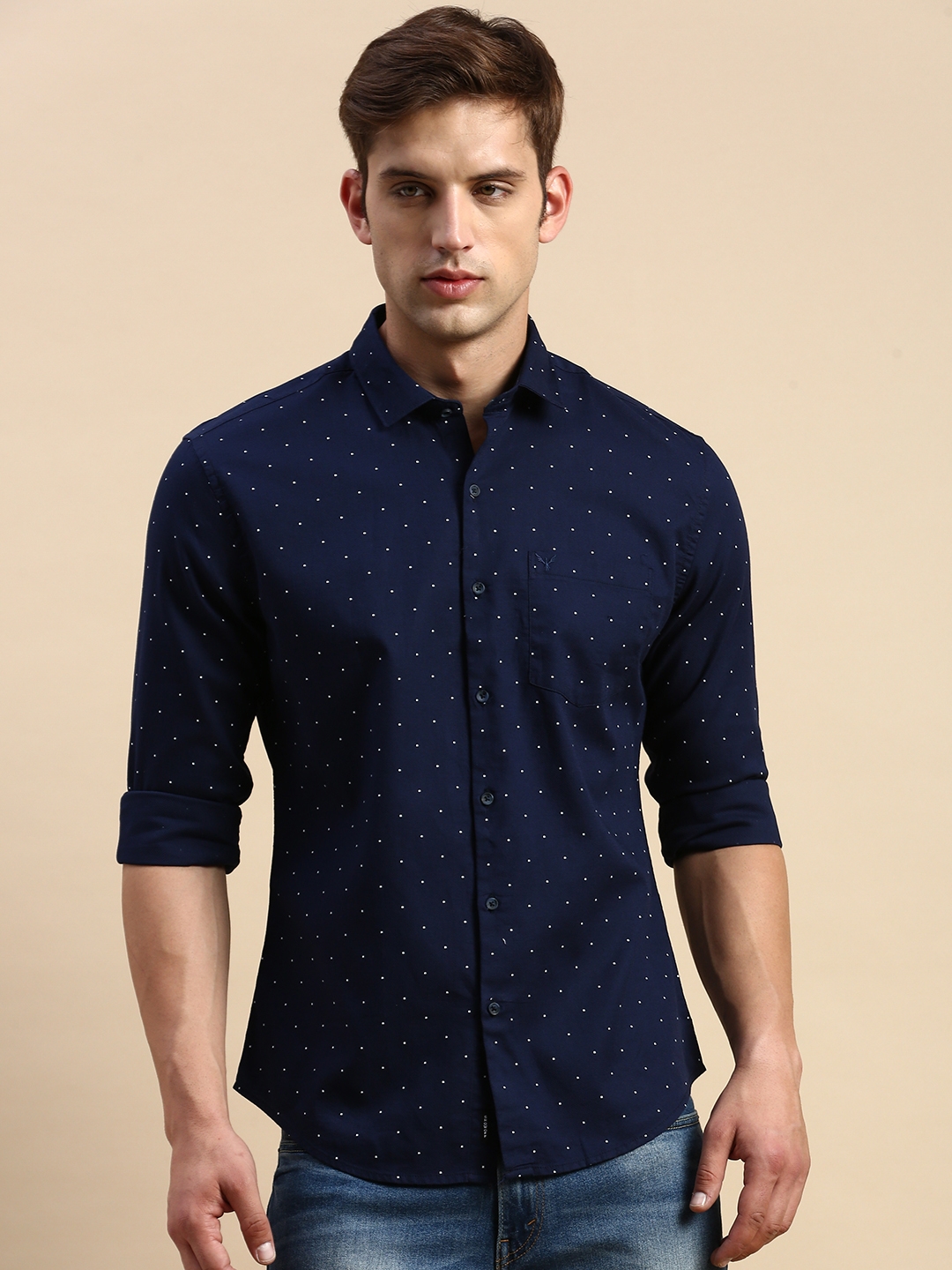Showoff | SHOWOFF Men's Spread Collar Printed Navy Blue Regular Fit Shirt 1