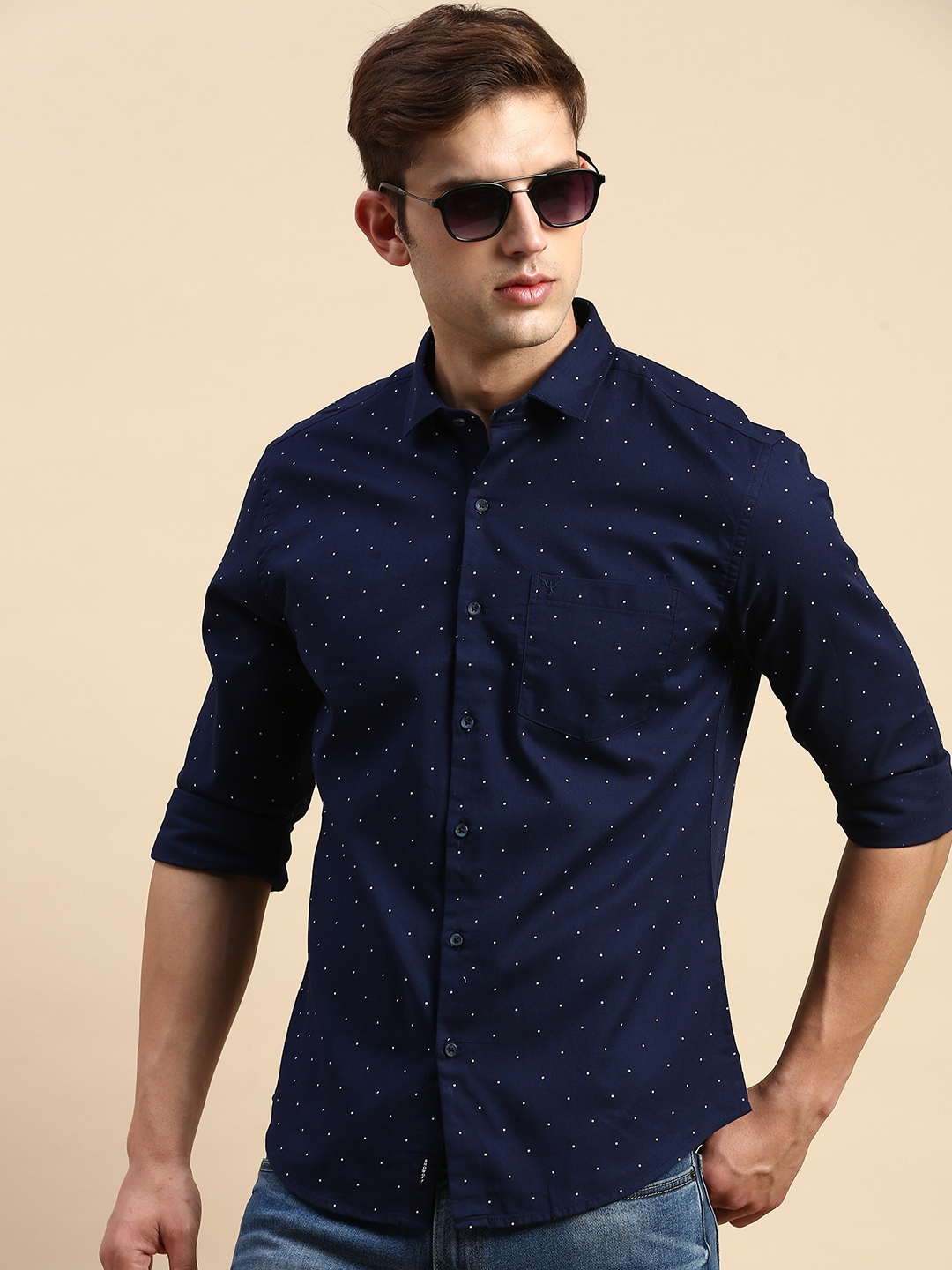 Showoff | SHOWOFF Men's Spread Collar Printed Navy Blue Regular Fit Shirt 0