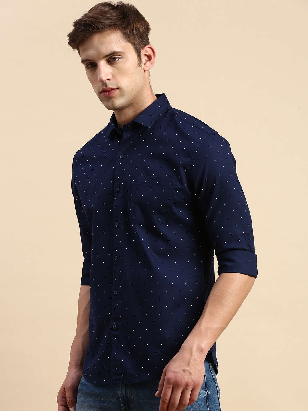 Showoff | SHOWOFF Men's Spread Collar Printed Navy Blue Regular Fit Shirt 2