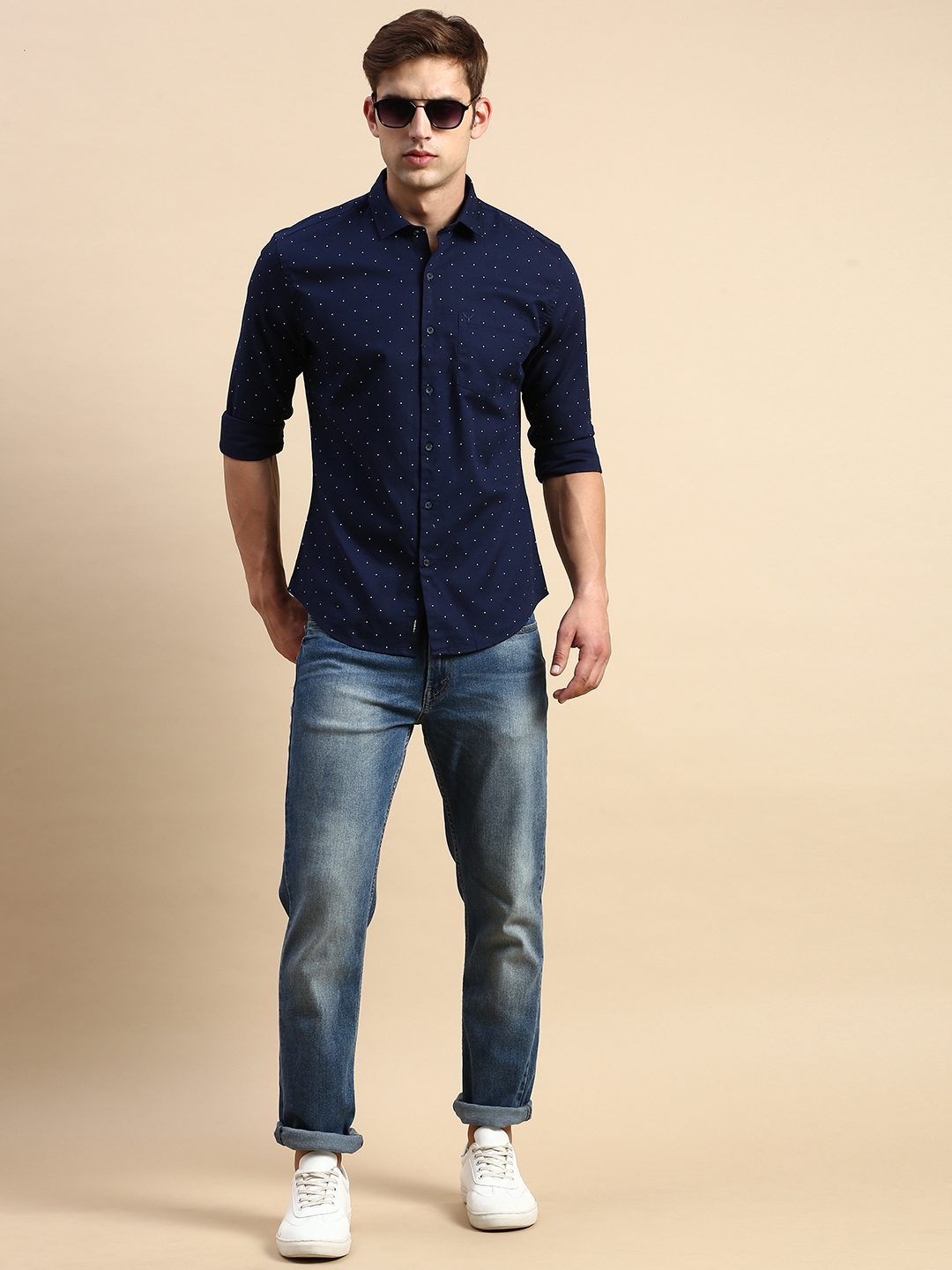 Showoff | SHOWOFF Men's Spread Collar Printed Navy Blue Regular Fit Shirt 4