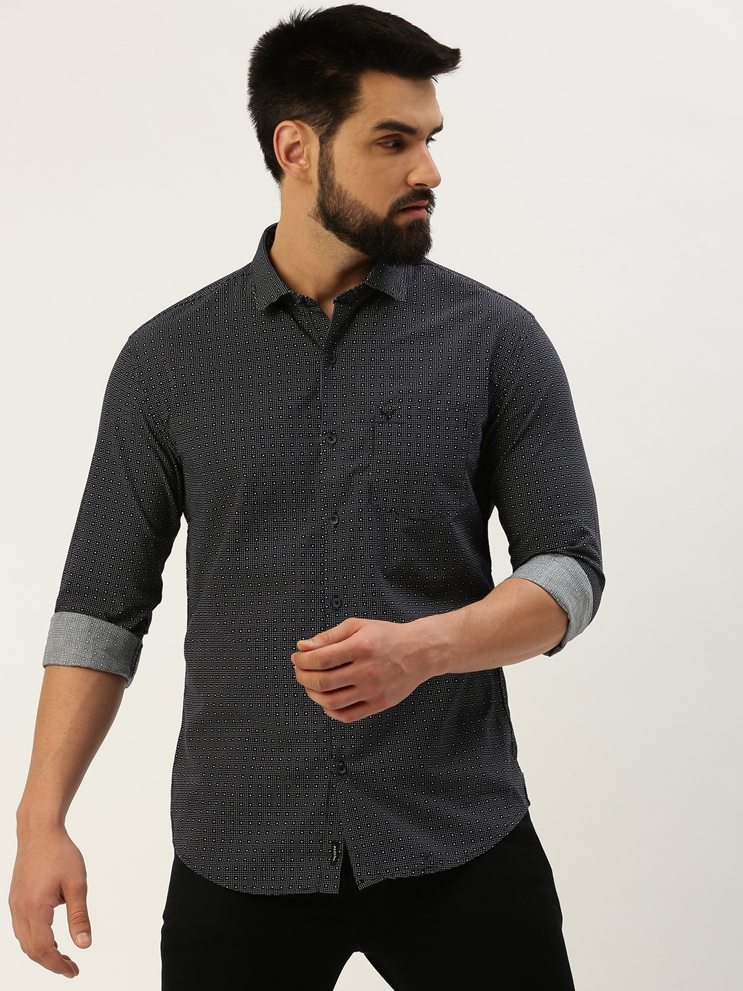 Showoff | SHOWOFF Men's Spread Collar Printed Navy Blue Regular Fit Shirt 1
