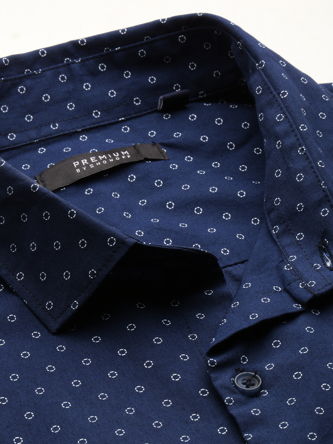 SHOWOFF Men's Spread Collar Printed Navy Blue Regular Fit Shirt
